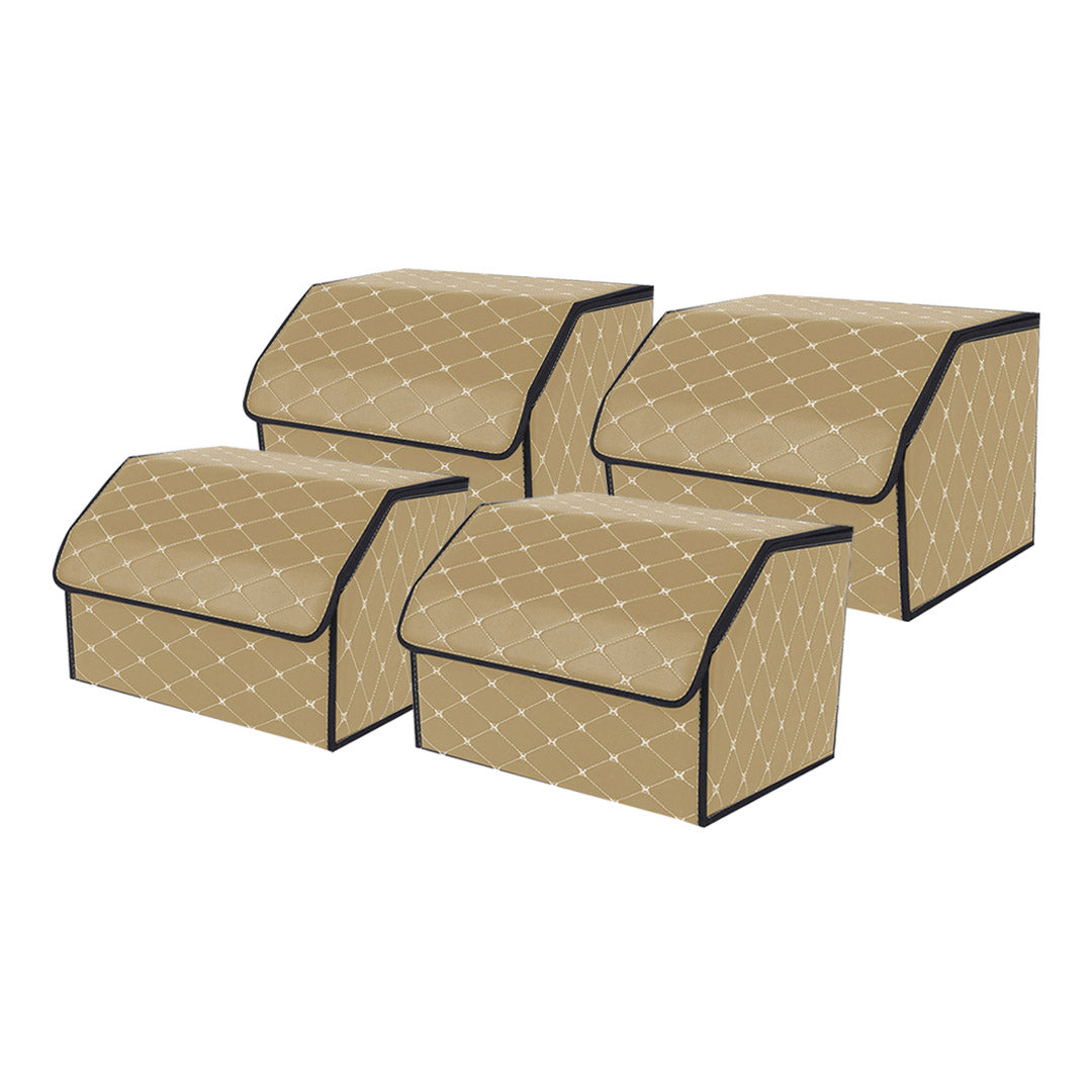 NNEAGS 4X Leather Car Boot Collapsible Foldable Trunk Cargo Organizer Portable Storage Box Beige/Gold Stitch Medium-0