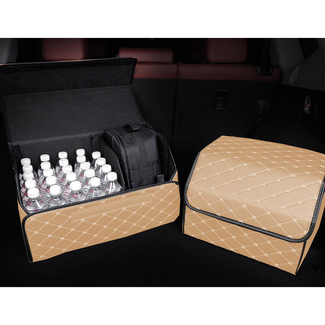NNEAGS 4X Leather Car Boot Collapsible Foldable Trunk Cargo Organizer Portable Storage Box Beige/Gold Stitch Medium-3
