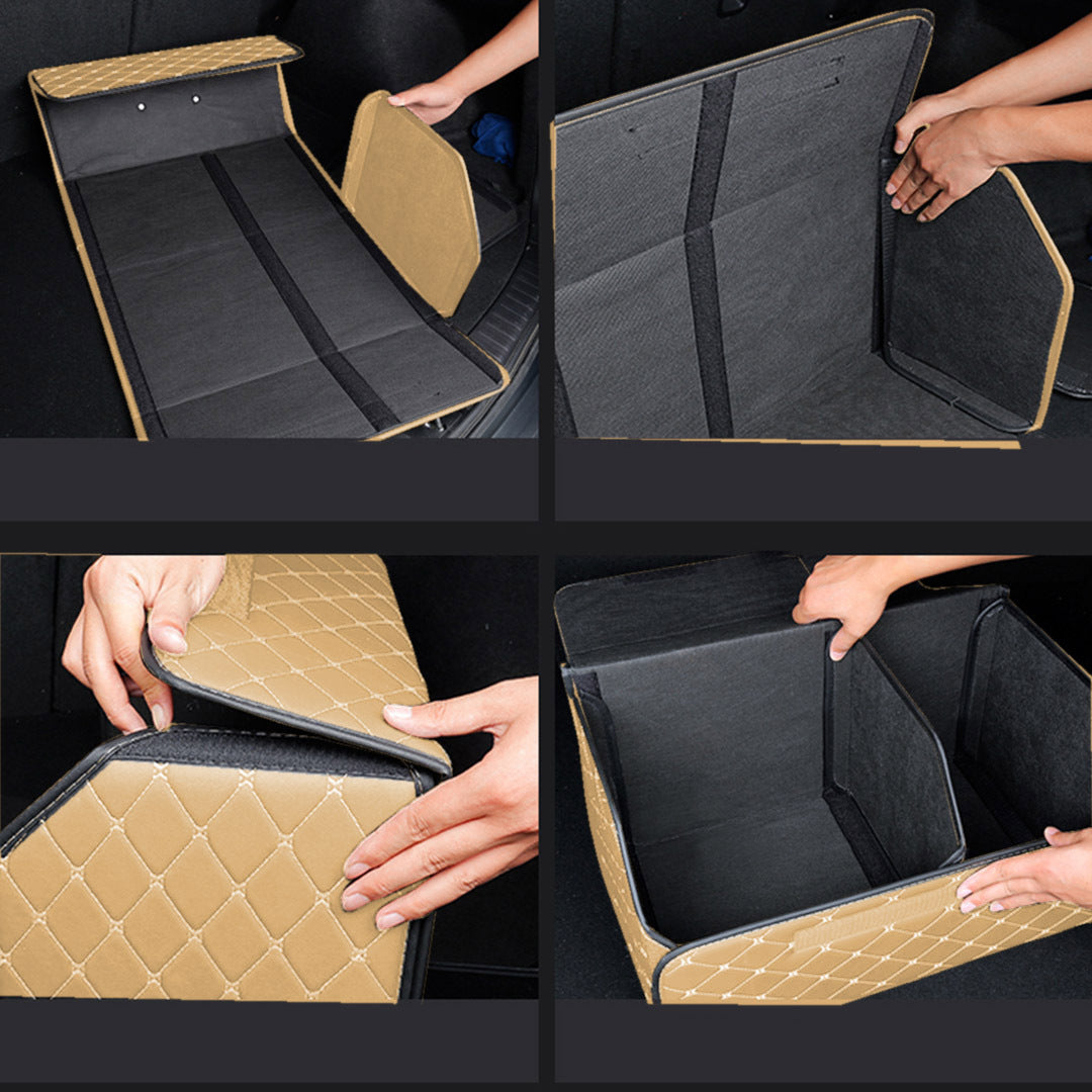 NNEAGS 4X Leather Car Boot Collapsible Foldable Trunk Cargo Organizer Portable Storage Box Beige/Gold Stitch Medium-4