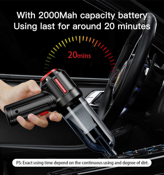NNEDSZ Black 3-in-1 Car Vacuum Cleaner with Blowing, Suction, and Dust Extraction - 2 x 2000mAh Rechargeable Batteries, Includes Floor Brush and Car Charger-2