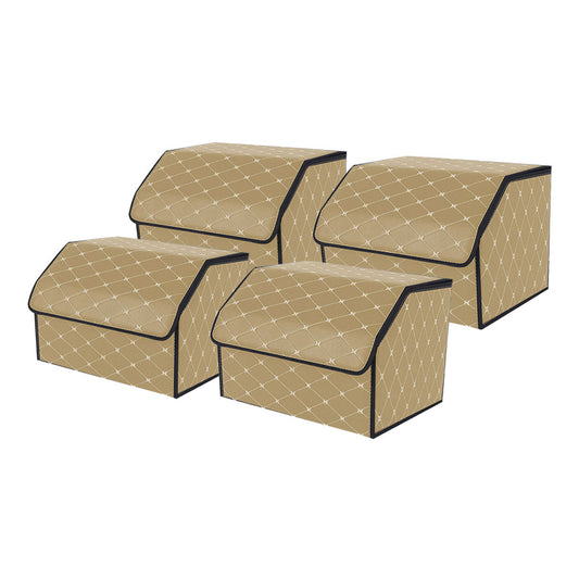 NNEAGS 4X Leather Car Boot Collapsible Foldable Trunk Cargo Organizer Portable Storage Box Beige/Gold Stitch Medium-0