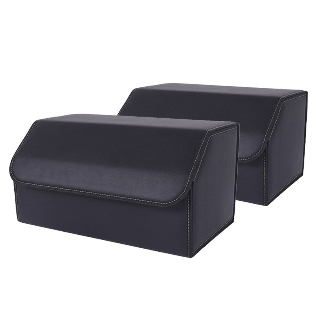 NNEAGS 2X Leather Car Boot Collapsible Foldable Trunk Cargo Organizer Portable Storage Box Black Large-0