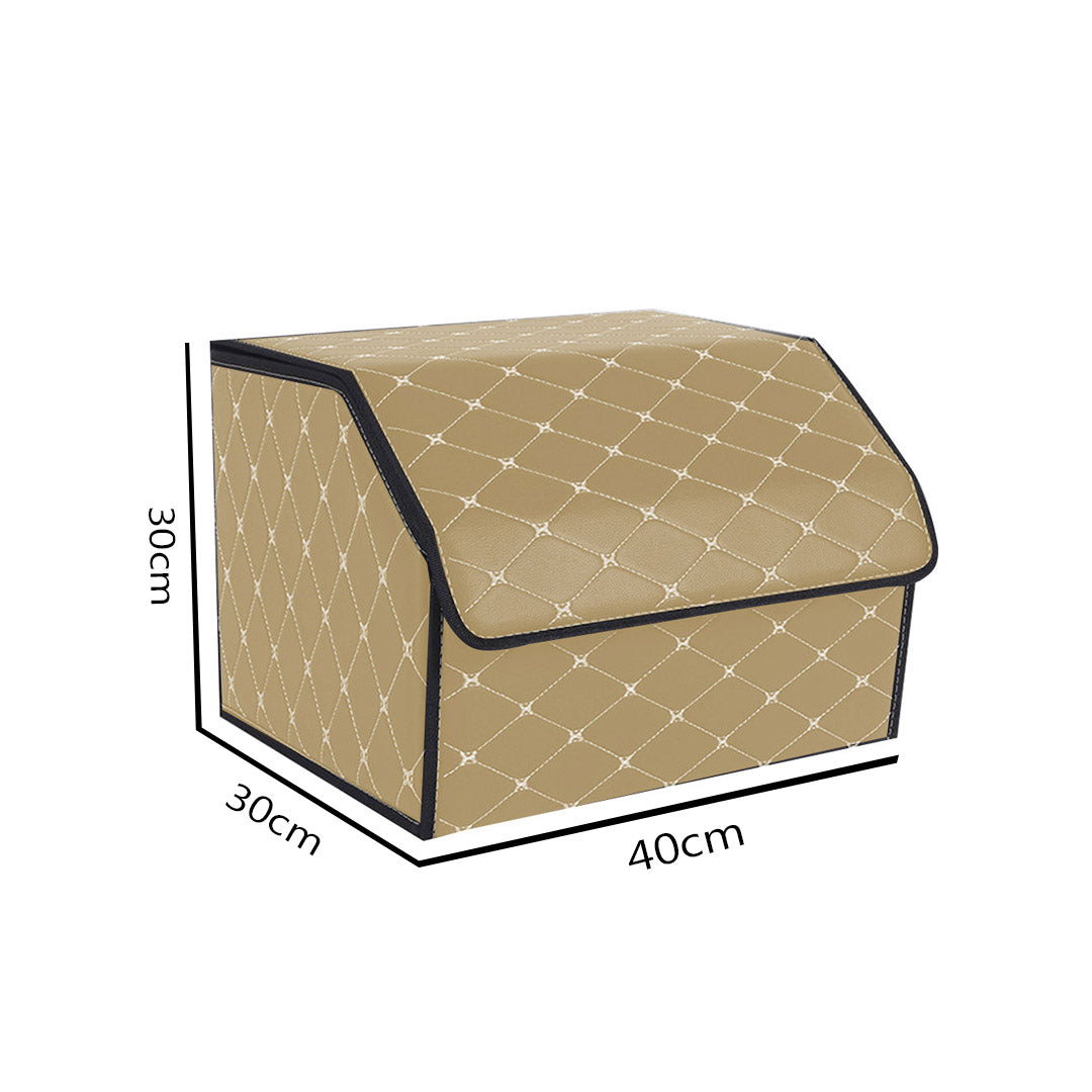 NNEAGS 4X Leather Car Boot Collapsible Foldable Trunk Cargo Organizer Portable Storage Box Beige/Gold Stitch Medium-1