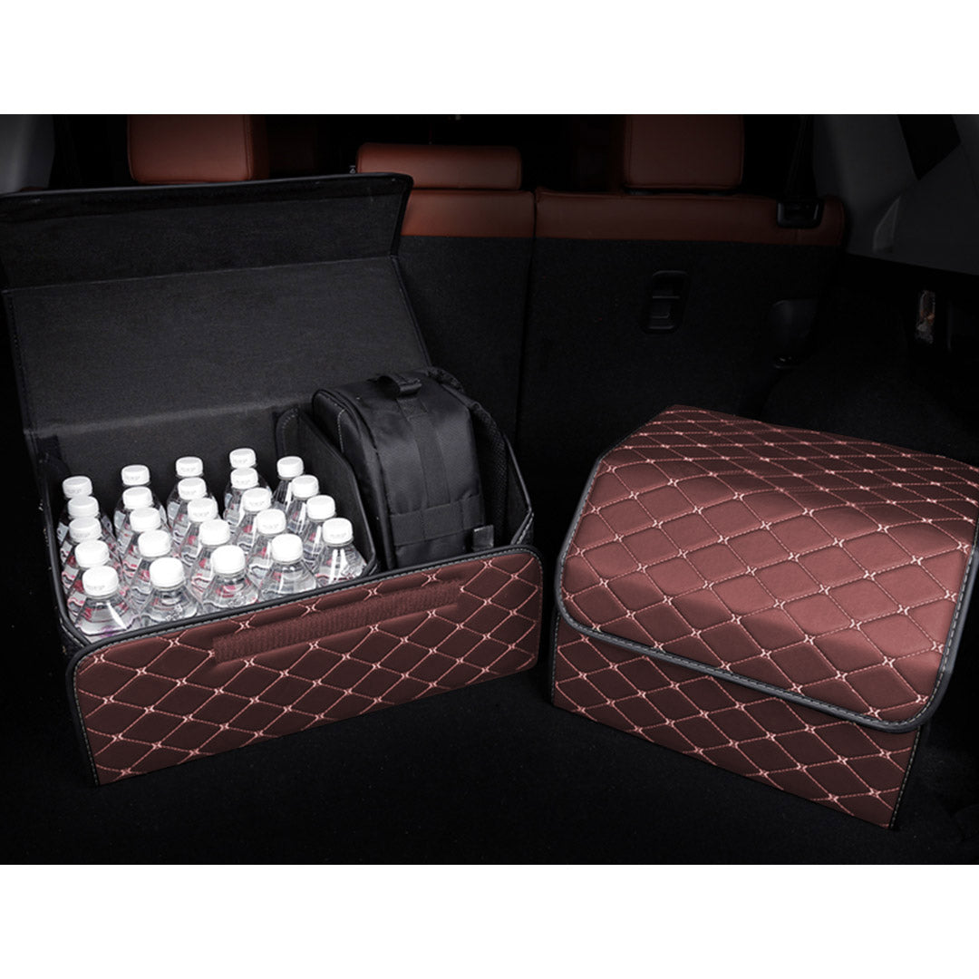 NNEAGS 2X Leather Car Boot Collapsible Foldable Trunk Cargo Organizer Portable Storage Box Coffee/Gold Stitch Small-4