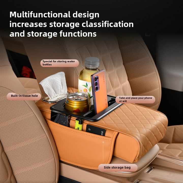 NNEDSZ GT-6 No embroidery Orange ,Multifunctional Car Armrest Storage Box Cushion - Universal Fit with Cup Holder and Tissue Dispenser-4
